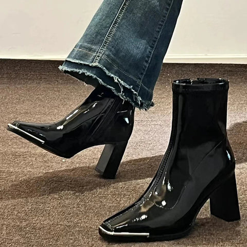 Botines sexis con punta cuadrada para mujer, zapatos de tacón alto gruesos, zapatos de invierno de moda 2024, botas Chelsea de diseñador, nuevos zapatos de mujer 