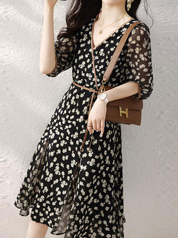 Retro Blumen Wickelkleid mit Taillenbund - Schwarz Lang 