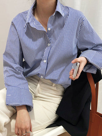 Urban Loose Striped Lapel Collar Blouses&Shirts Tops