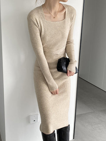 Simple Skinny Long Sleeves Solid Color Square-Neck Sweater Dresses