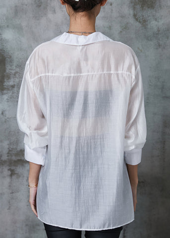 Weißes Leinenhemd Tops Asymmetrisch Seite Offen Sommer 