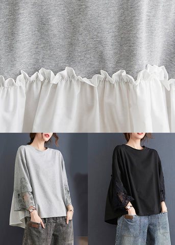 Frauen Grau Rüschen Spitze Patchwork Baumwolle Tops Frühling 