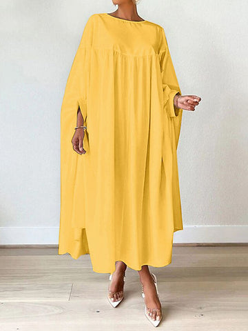 Batwing Sleeves Loose Pleated Solid Color Split-Joint Round-Neck Maxi Dresses