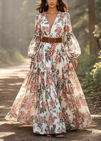 Partykleid aus Baumwolle mit Blumendruck und extra großem Saum und Laternenärmeln 