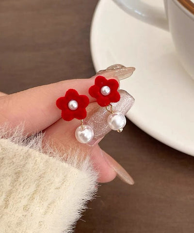 Art Red Silk Velvet Pearl Floral Stud Earrings