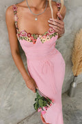 Floral Cup Detail Lace-Up Bodycon Maxi Dress