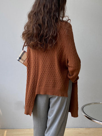 Original Irregular 5 Colors Split-Side Round-Neck Long Sleeves Sweater Top