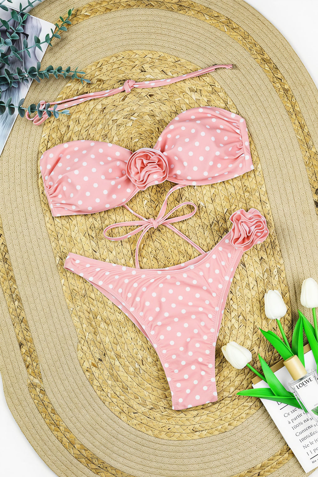 Chic Dot Print Floral Embroidery High Waist Bikini Sets