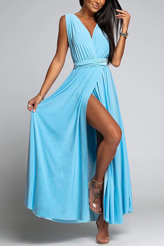 Vestido de fiesta largo Meridress con escote en V, sin mangas, espalda cruzada y abertura alta