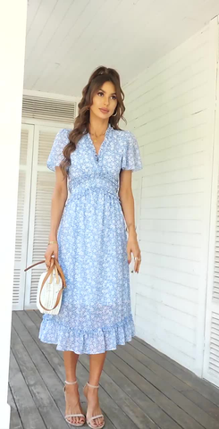 Printed V-Neck Short Sleeves Midi Dress