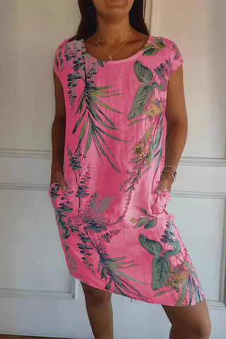 Vestido casual con estampado floral, cuello redondo y bolsillos 