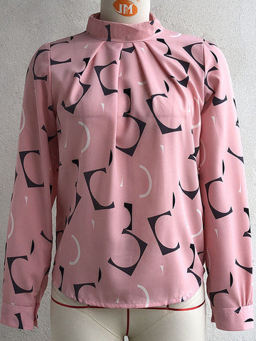Casual Loose Long Sleeves Contrast Color Printed Stand Collar Blouses&Shirts Tops