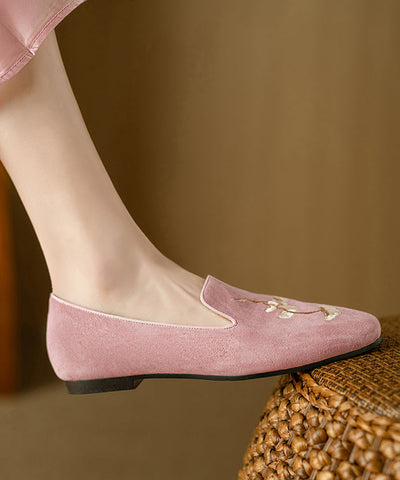 Zapatos planos de ante con bordado rosa para mujer estilo retro 