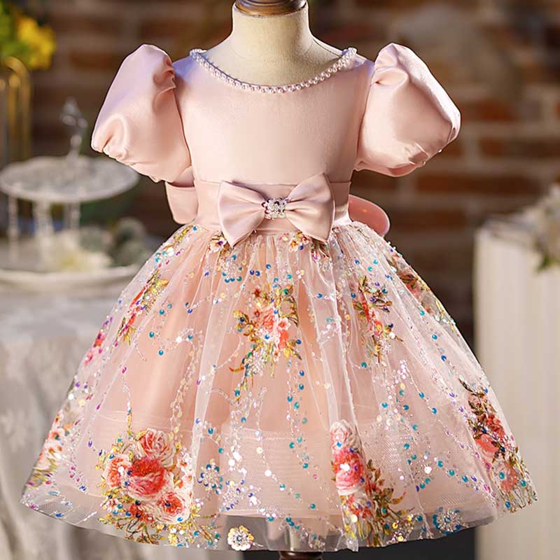 Vestido para niña pequeña, vestido de fiesta de cumpleaños con lentejuelas y lazo, vestido de comunión de malla 