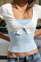 Casual Contrast Tie Two Piece Blouse