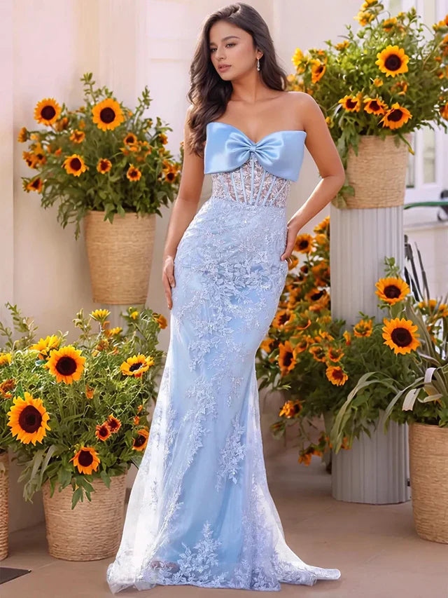 Lace Embroidery Boned Strapless Mermaid Prom Dress With Bow
