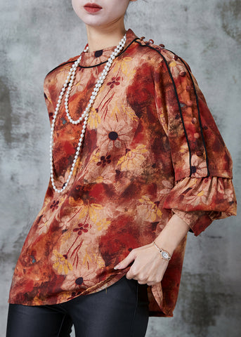 Elegante Orange Stehkragen Print Chiffon Blusen Frühling 
