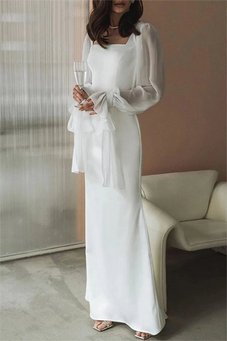 Vestido midi liso con cuello cuadrado y mangas farol 