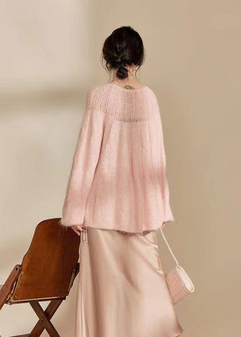 Französisch Rosa O Neck Aushöhlen Gestrickte Pullover Tops Frühling 