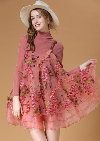 Hermoso conjunto de dos piezas de organza bordada con cuello de tortuga rosa para primavera 