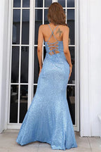 Vestido Largo de Noche de Sirena con Lentejuelas Ligeras, Escote en V y Espalda Cruzada