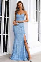 Vestido Largo de Noche de Sirena con Lentejuelas Ligeras, Escote en V y Espalda Cruzada