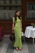 Candy Color Round Neck Short Sleeve Bodycon Knitted Maxi Dress