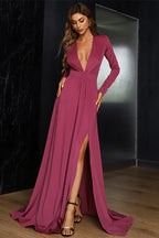 Raspberry V-Neck Long Sleeve A-Line Long Evening Dress
