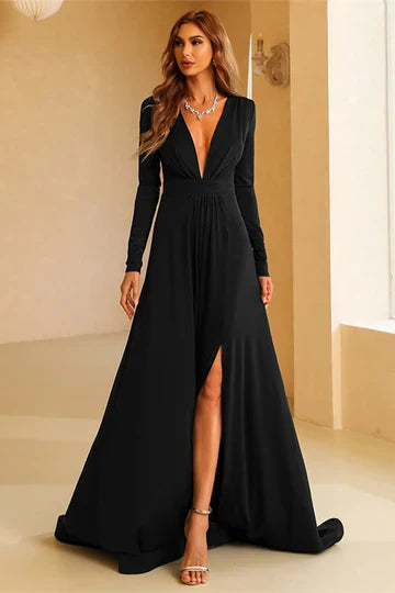 Raspberry V-Neck Long Sleeve A-Line Long Evening Dress