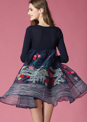 Vestido de fiesta de primavera con patchwork de organza y bordado azul marino bohemio 