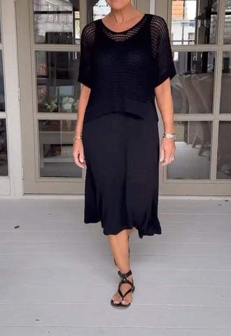 Traje de dos piezas con vestido informal con tirantes y blusa hueca 