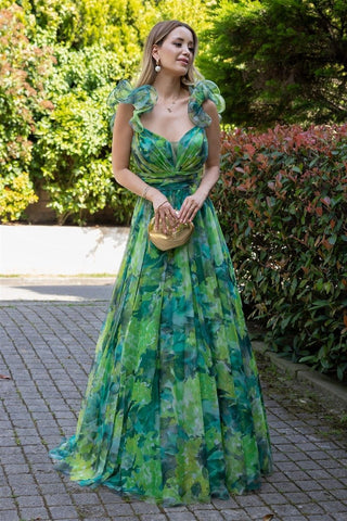 Dana Printed Ruffle Chiffon Maxi Dress