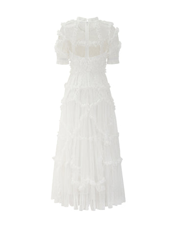 Ruffles Dress Illusion Neckline Ruffles Layered Tulle Maxi Dresses