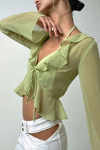 Sheer Flowy Ruffle V Cropped Blouse