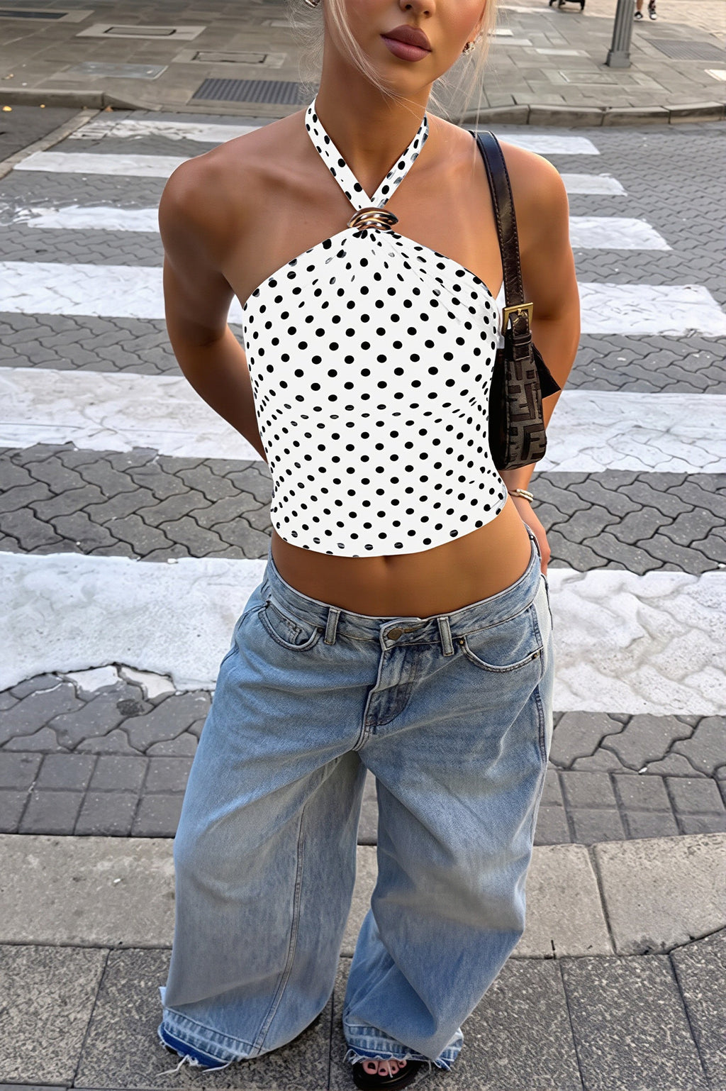 Mesh Polka Dot Halter Tank Top