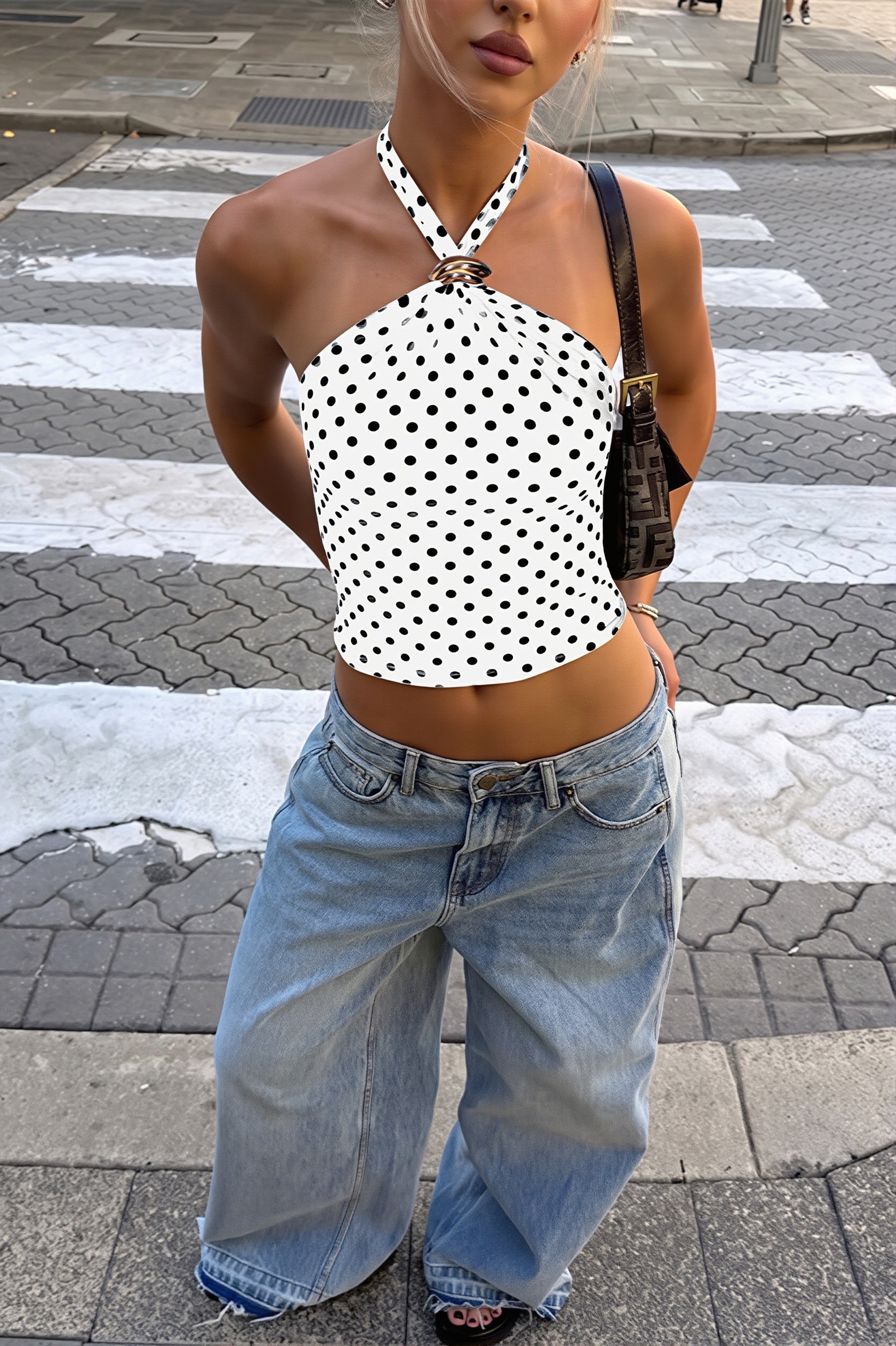 Mesh Polka Dot Halter Tank Top
