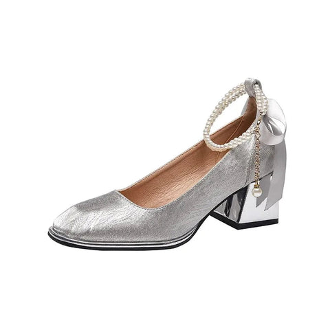 Spring Bling Mary Janes String Bead Shoes Women Bow Mid Heels Shoes 2024 Pumps New Mujer Wedding Fashion Elegant Zapatos Shallow
