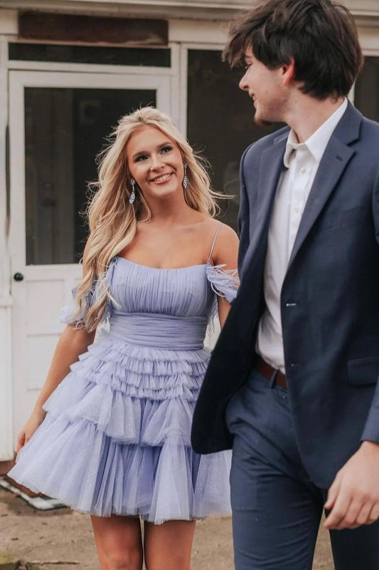 A Line Off the Shoulder Lilac Short Homecoming Dress with Feather