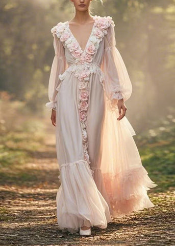 Vestidos de gasa con cuello en V, decorados con flores y patchwork arrugado para primavera 