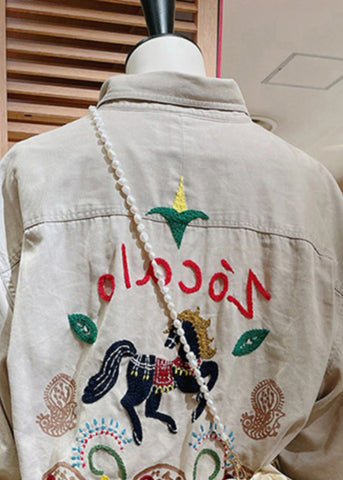 Französischer hellgrauer bestickter Baumwollmantel mit langen Ärmeln 