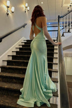 V  Satin Mermaid Long Prom Dress with Cross Back