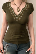 Retro V Neck Embroidered Knit Blouse