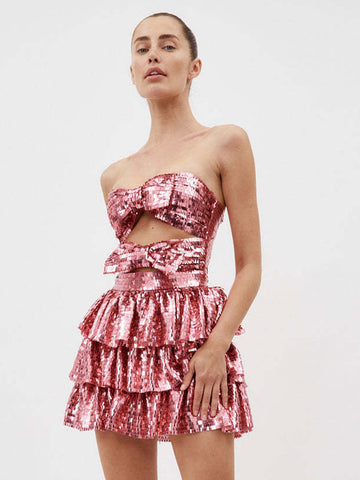 Sequins Party Dress Sleeveless Cut Out Backless Ruffles Mini Dresses