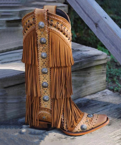 Braune Cowboystiefel mit Quastenstickerei und klobiger Sohle 