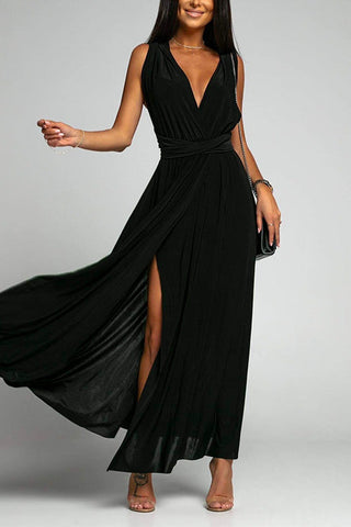 Vestido de fiesta largo Meridress con escote en V, sin mangas, espalda cruzada y abertura alta