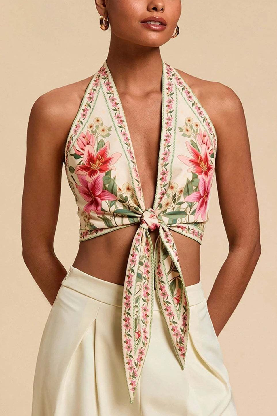 Boho Floral Backless Tie Halter Top