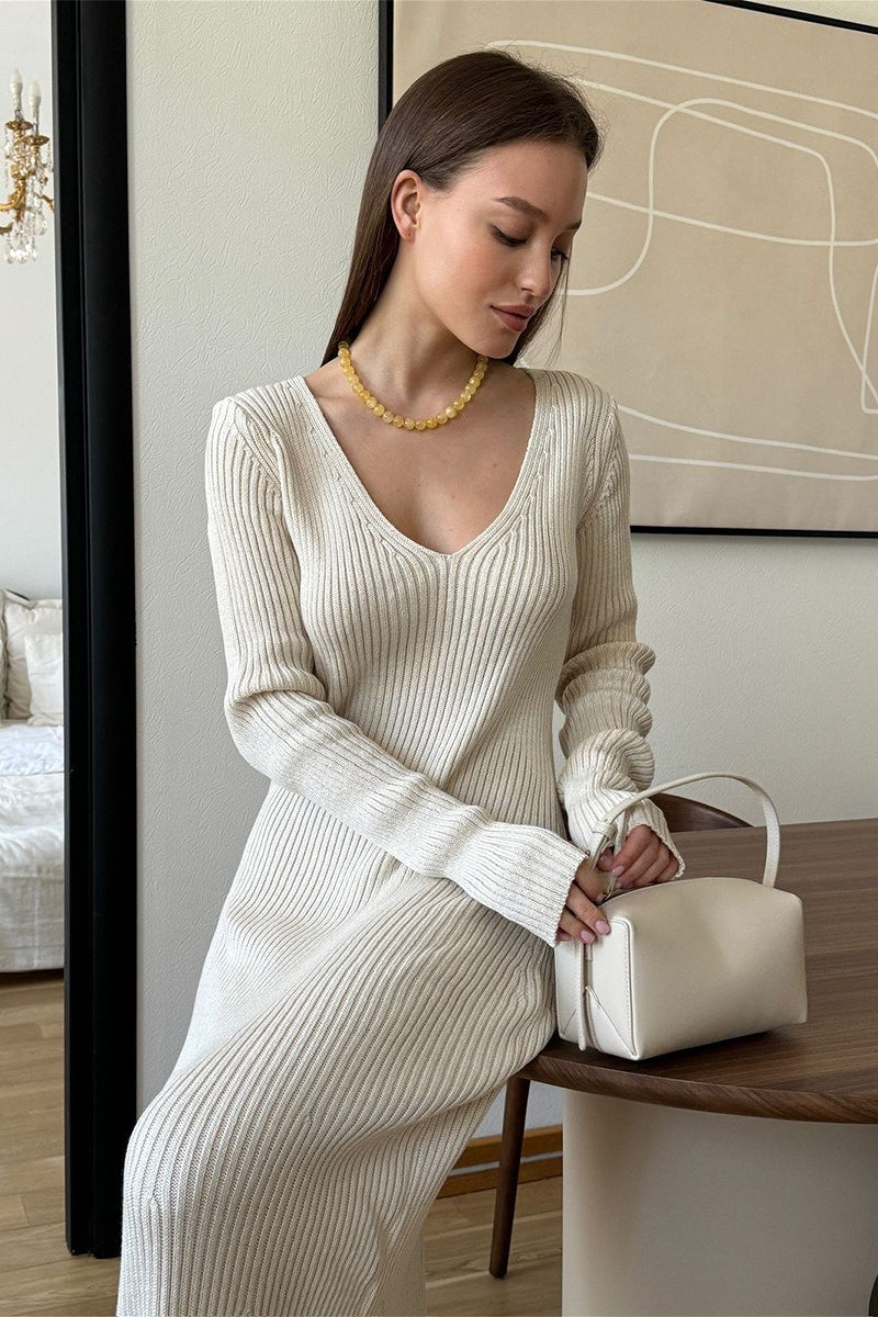 Solid Knit V-Neck Bodycon Maxi Dress