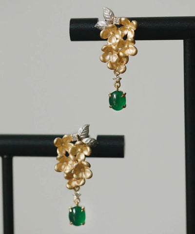 Vintage Grüne Kupfer Zirkon Jade Floral Tasselud Ohrringe 