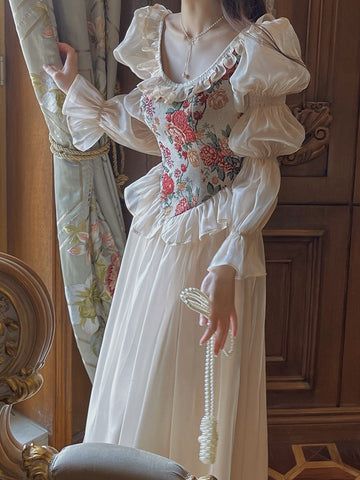 French Vintage Midi Dress Women Floral Patchwork Puff Sleeve Ruffles A-line Autumn Spring Evening Party Prom Robe Vestidos Mujer