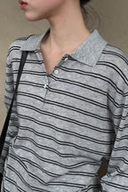 Soft Wool Striped Polo Collar Long Sleeve Long Sleeve Tee